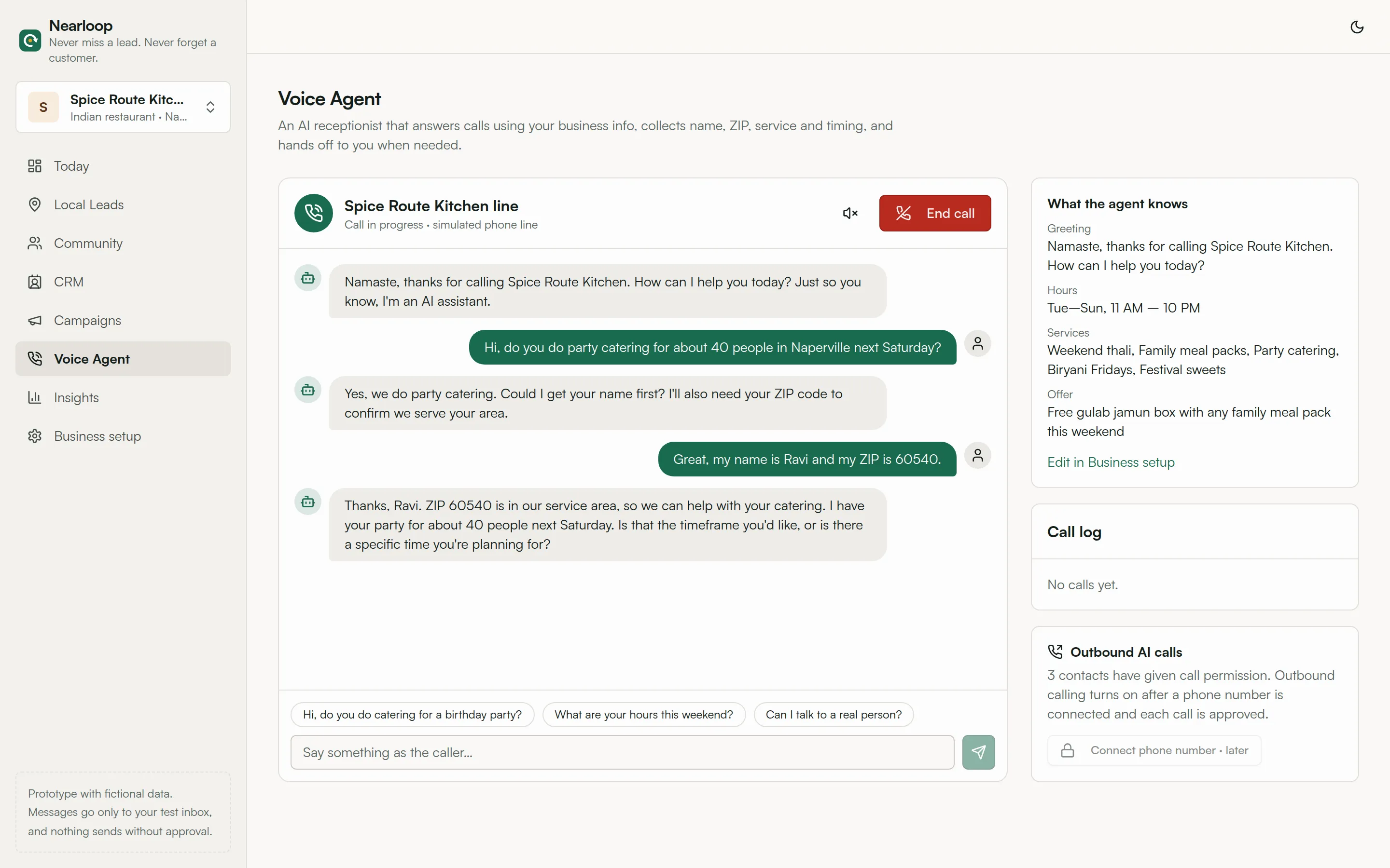 Nearloop AI voice agent answering a customer call